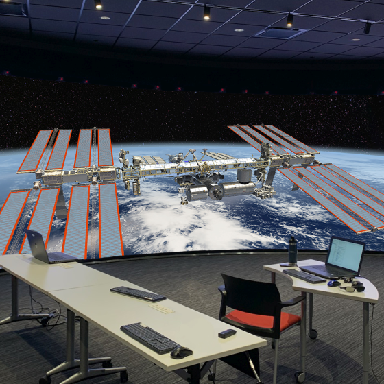 teaser_SONY CLED Curved with Space Station_V3 Mechdyne-Installation auf einer gekrümmten Kristall-LED-Wand von Sony, für Luft- und Raumfahrtsimulationen